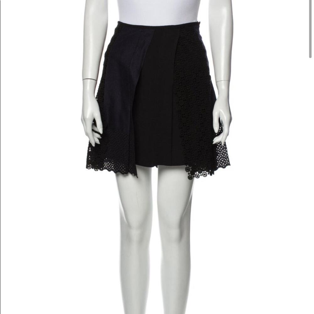 Vanessa Bruno Black Virgin Wool Eyelet Lace Trim Mini Skirt 2 XS